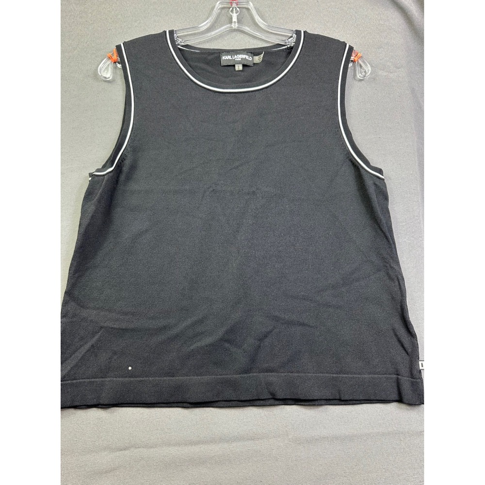 Karl Lagerfeld Paris Womens Black White Tipped Sleeveless Knit Shell Top Large